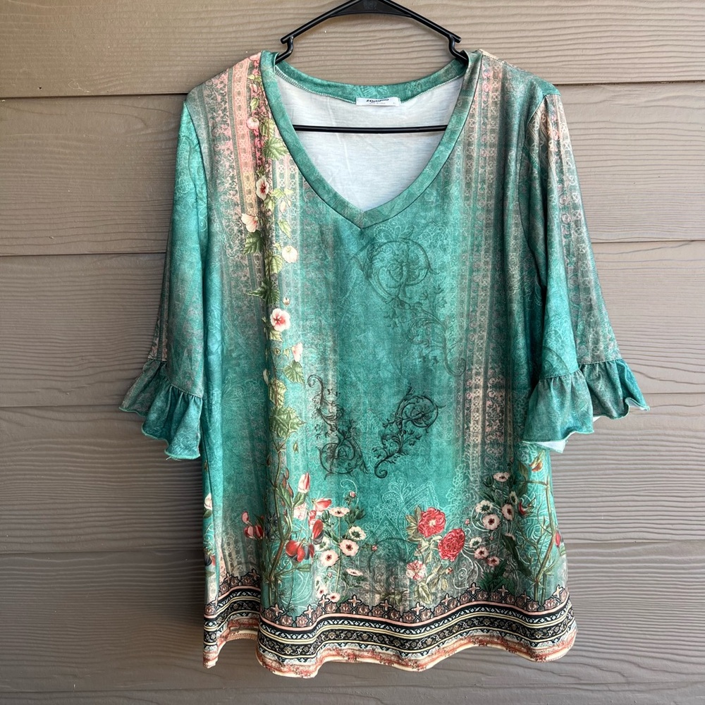 Zeagoo Green Floral Scroll Ruffle Sleeve V Neck Printed Shabby Chic Blouse Sz XL